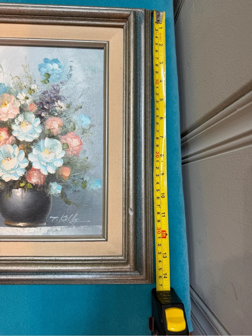 Vintage T Kelly Original Oil Painting Bouquet Wall Art - Blue Orange and Cream